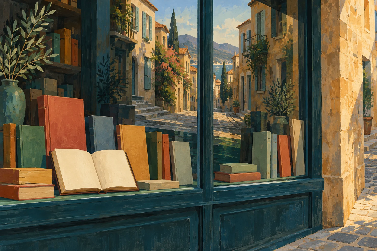 Books and an open volume fill a teal bookstore window reflecting a sunlit Mediterranean village street, with stone buildings, flowering vines, and distant mountains.