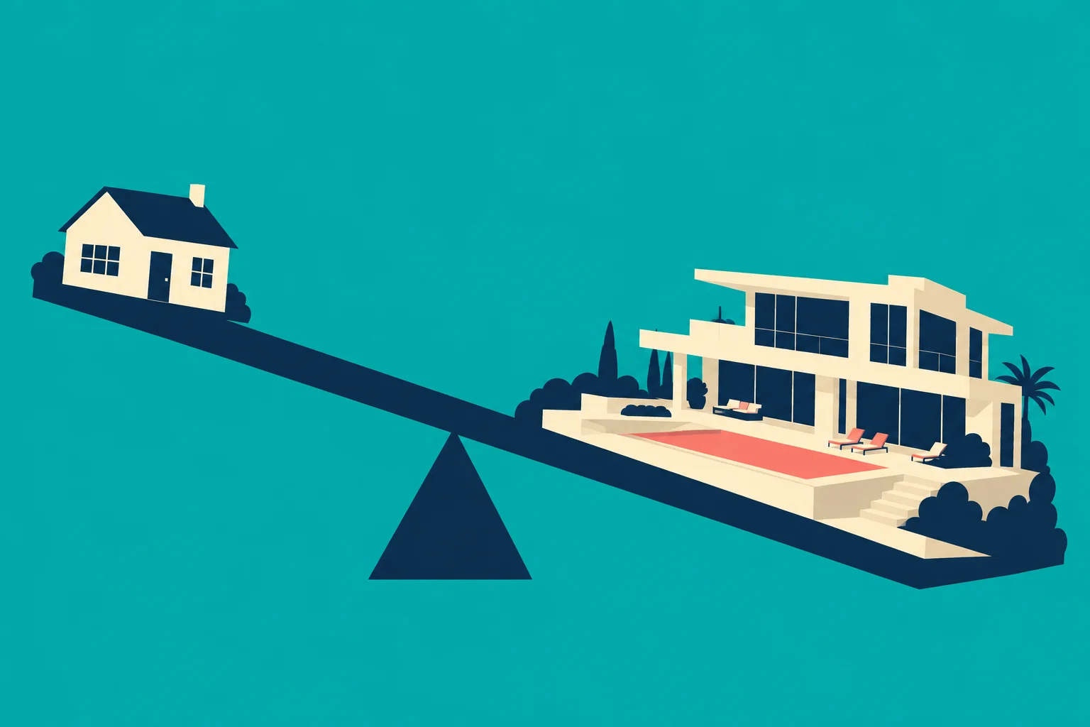 A seesaw tilts downward under a large modern mansion with a pool, lifting a small traditional house against a turquoise background.