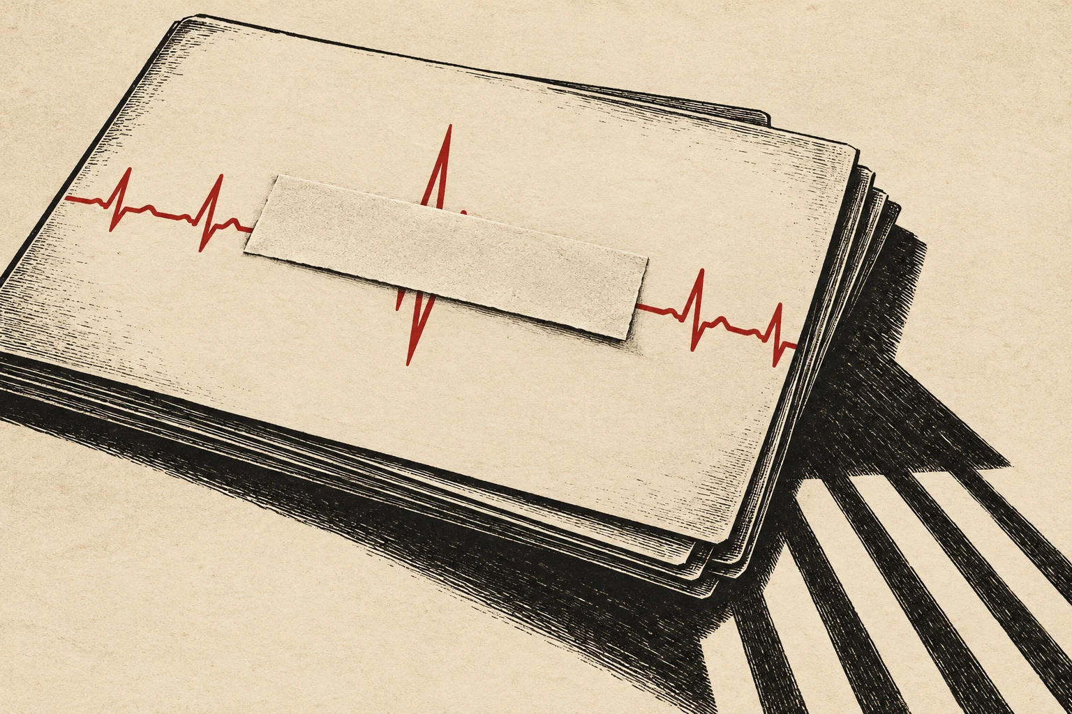 A vintage-style stack of papers bears a red heartbeat line partly covered by a blank strip, with heavy black shadows on a beige background.