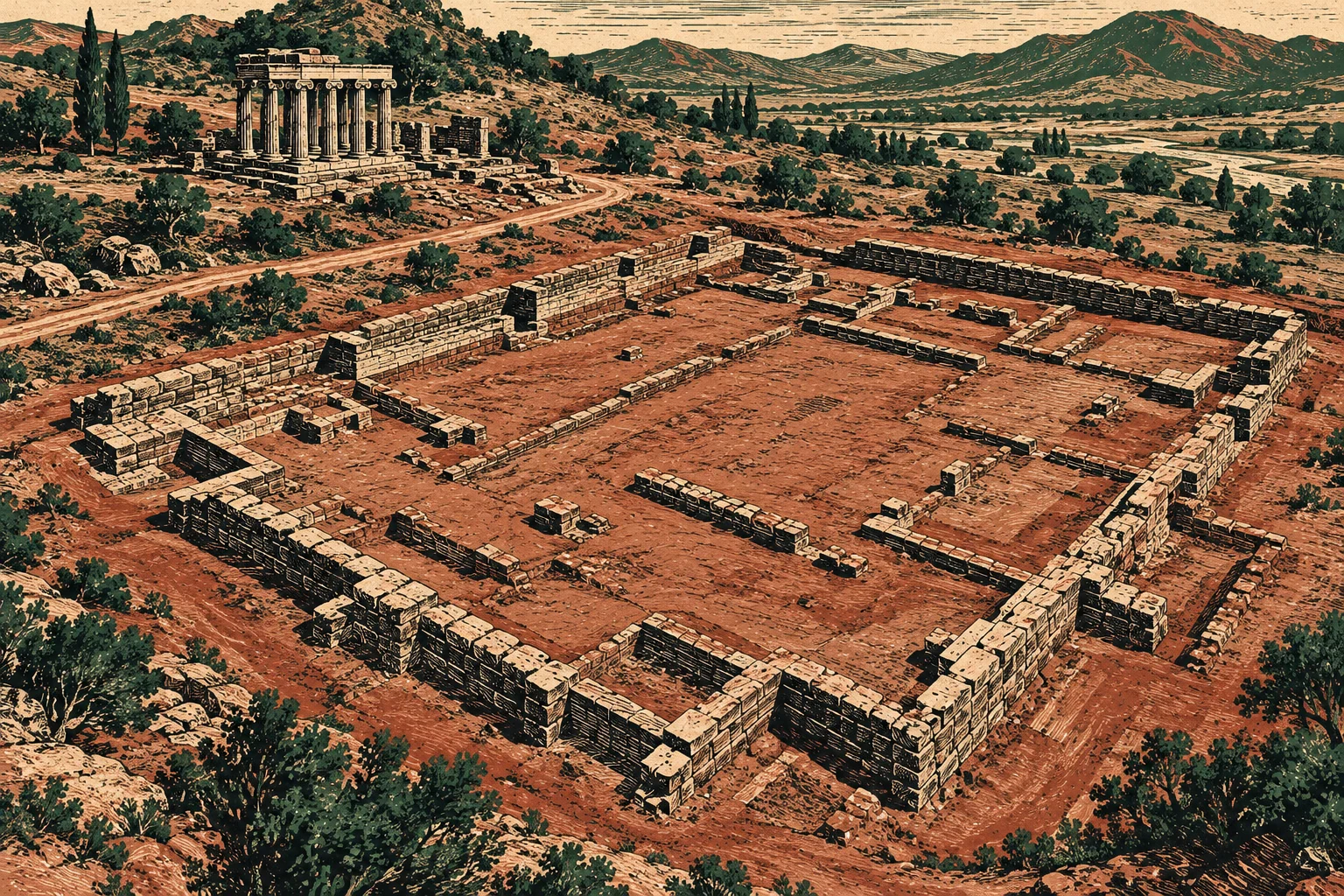 Ancient stone foundations fill a dry, shrub-covered landscape, with a columned temple on a nearby hillside and mountains in the distance.