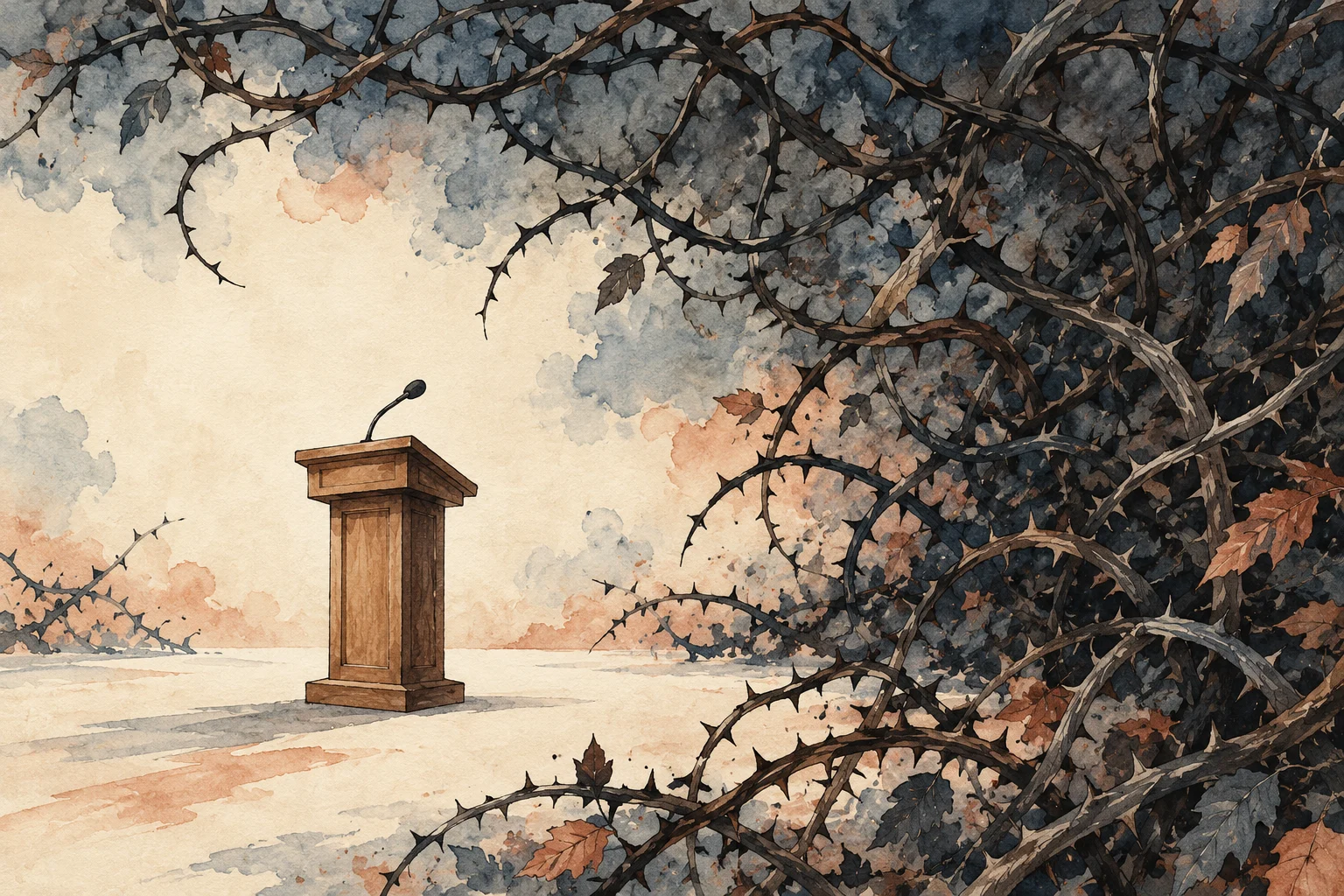 An empty wooden podium with a microphone stands in a pale clearing surrounded by tangled, dark thorny branches and scattered autumn leaves.