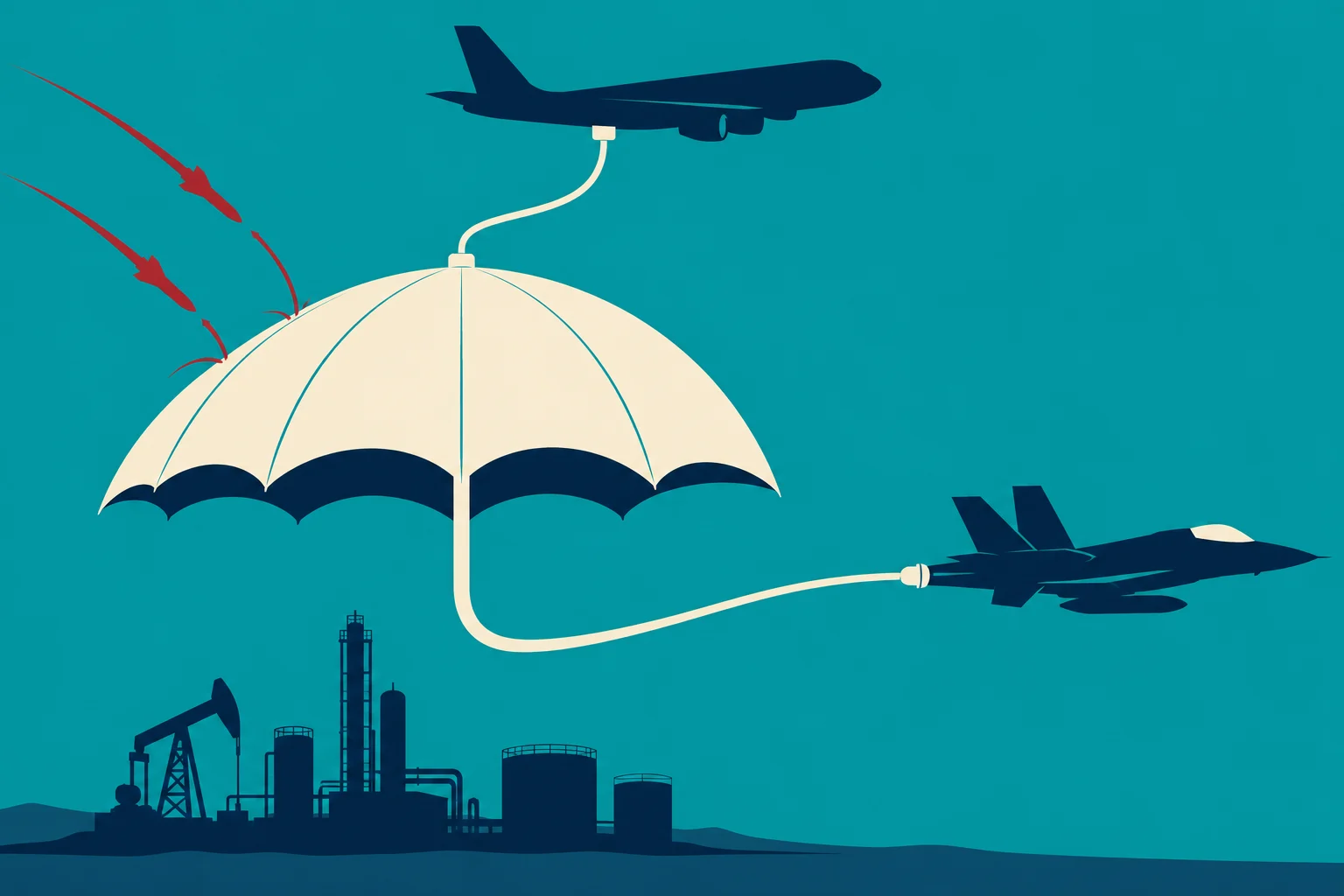 An umbrella connected by hoses to a passenger plane and fighter jet deflects red projectiles above an oil refinery.