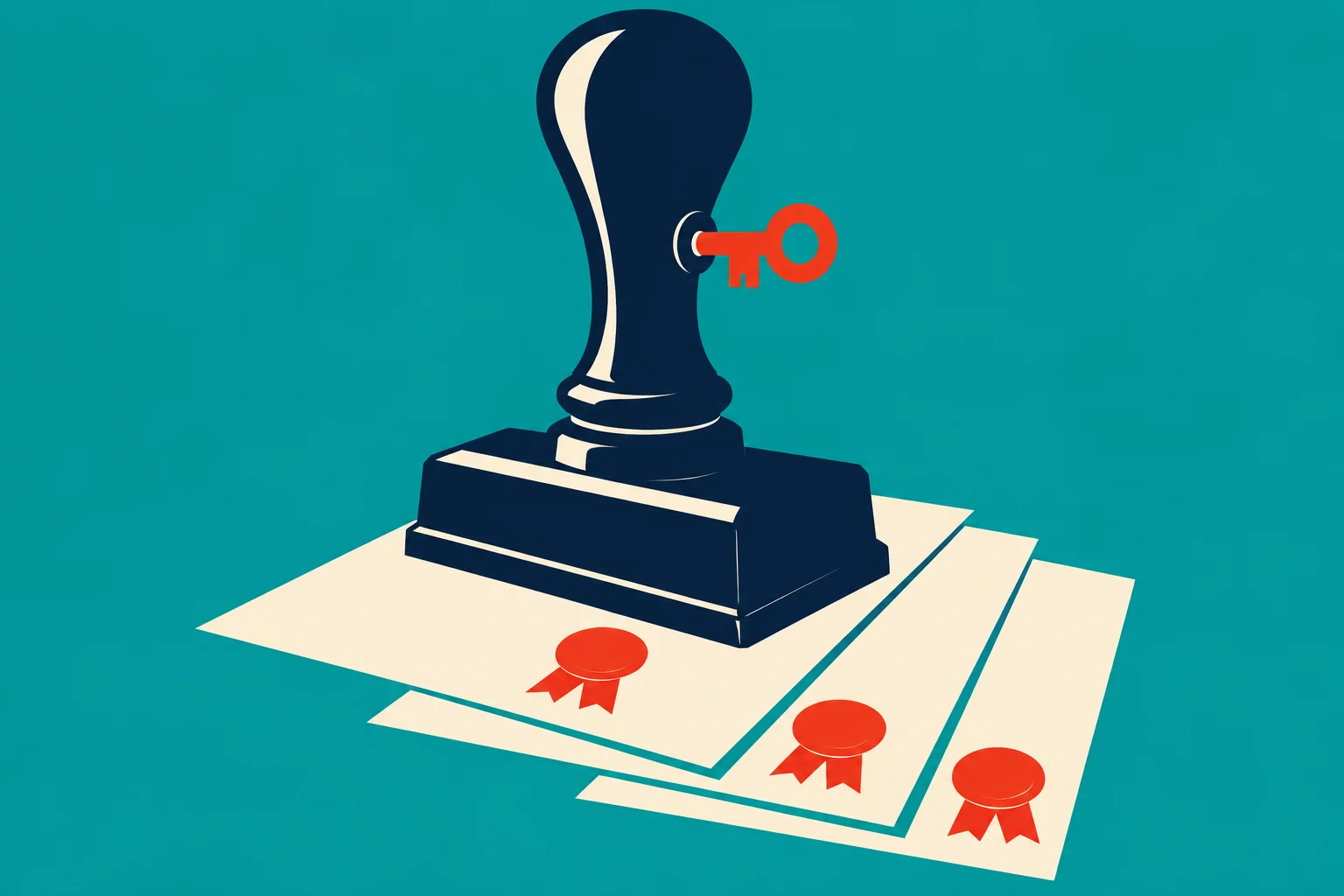 A dark blue rubber stamp with a red key rests on three cream documents, each bearing a red ribbon seal, against a teal background.