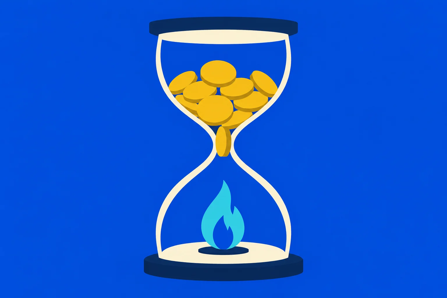 A cream outlined hourglass with dark blue caps holds gold coins above a turquoise flame against a bright blue background.