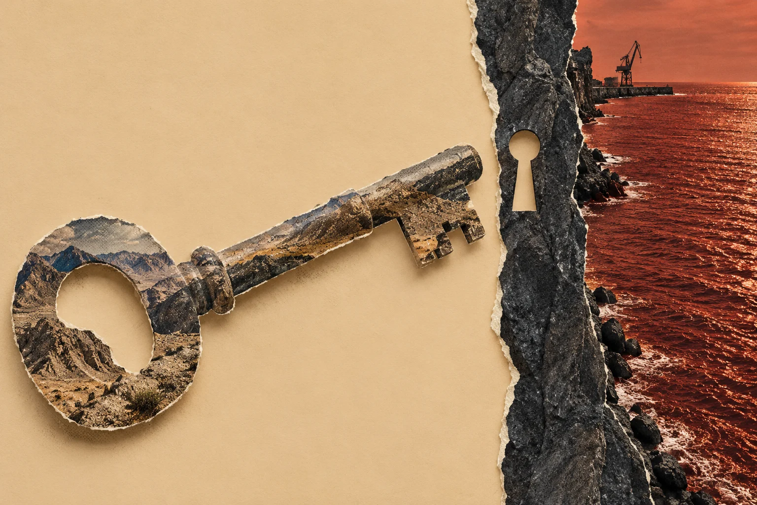 A torn-paper collage shows a large mountain-textured key pointing toward a keyhole in a dark rocky strip beside a red sea and distant harbor crane.