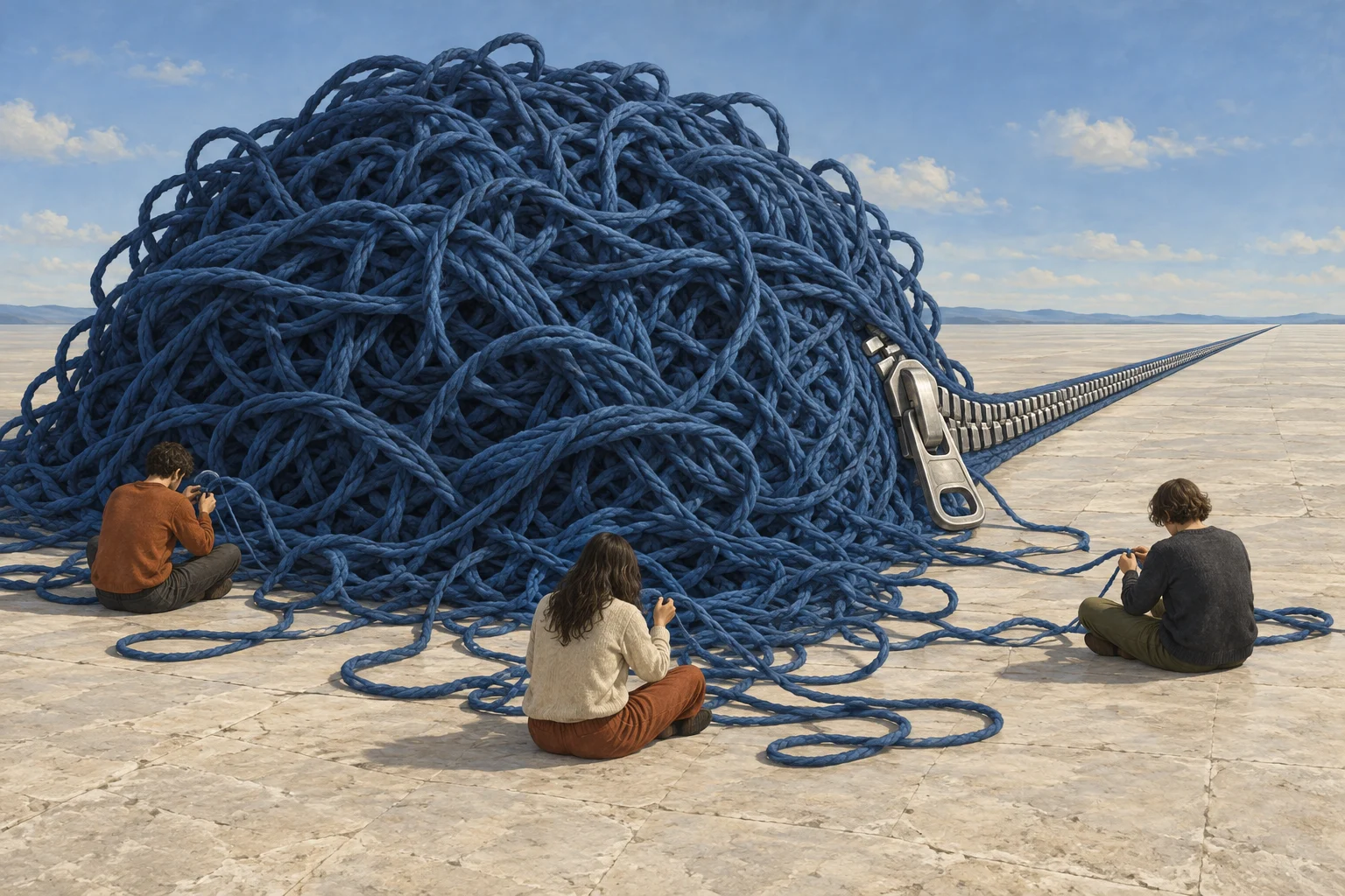 Three people work with a giant tangled mound of blue rope beside an enormous zipper stretching across a barren plain beneath a blue sky.