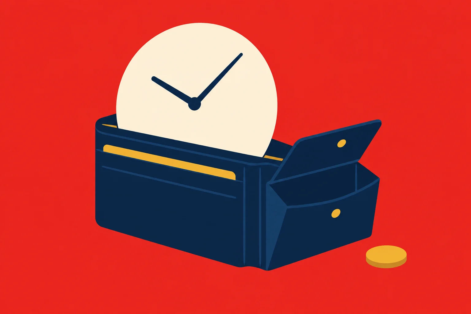 A navy blue wallet holds a large cream clock and yellow cards, with a gold coin beside it against a bright red background.