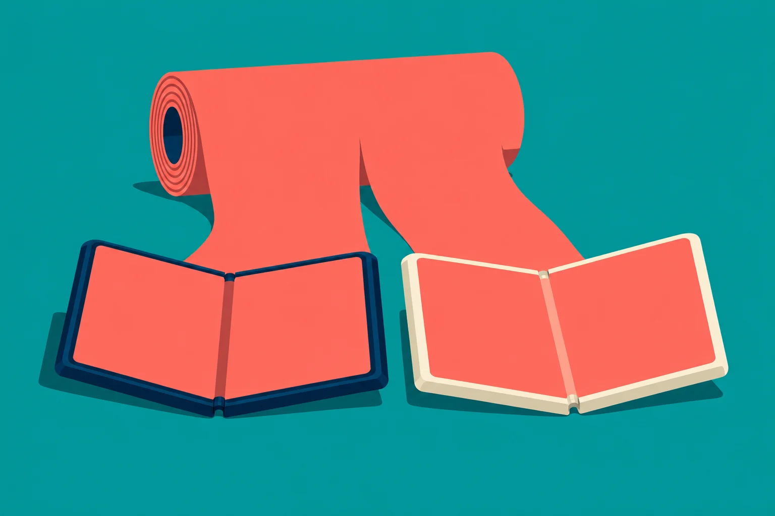 A coral paper roll unfurls toward two open books with blank coral pages, one with a dark blue cover and one with a cream cover, against a teal background.