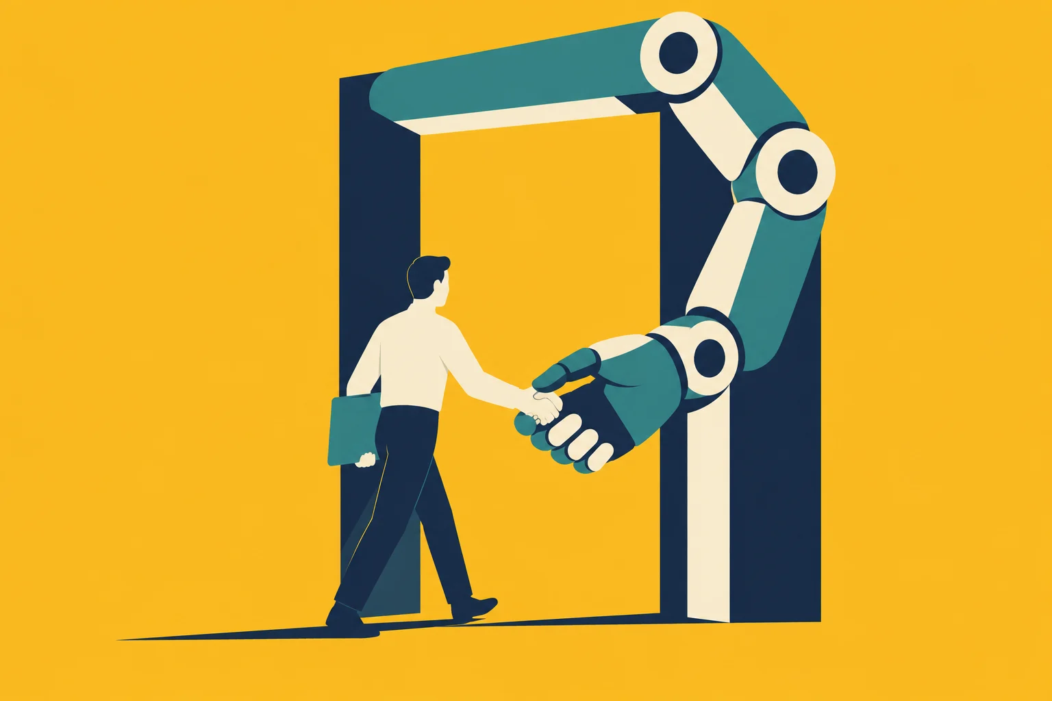 A person holding a briefcase shakes hands with a giant robotic arm forming part of a doorway against a yellow background.