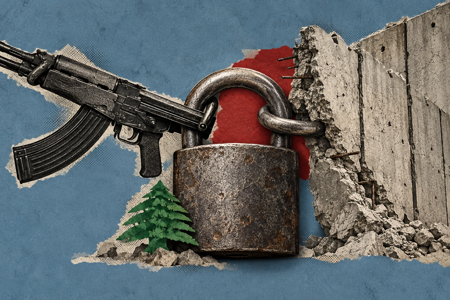 A collage shows a rifle beside a large weathered padlock, a small green cedar tree, and a broken concrete wall against a blue background.