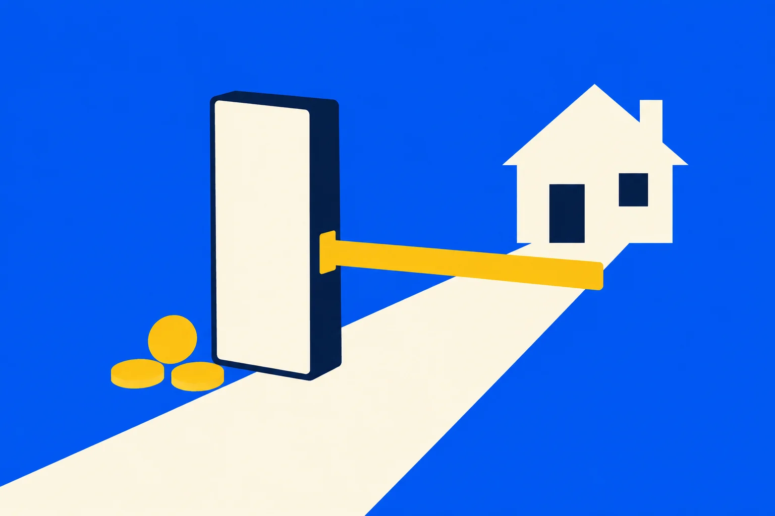 A smartphone with a blank screen stands beside three gold coins, with a yellow barrier across a cream path leading to a house on a blue background.