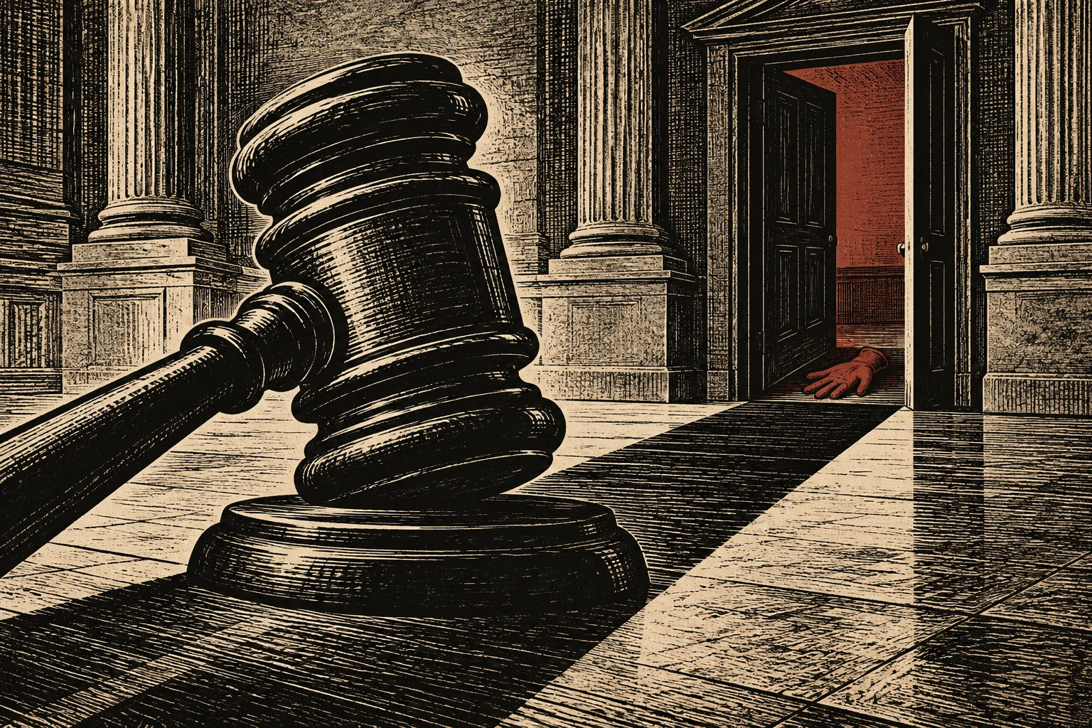 A woodcut-style illustration shows a large judge’s gavel in a columned courthouse, with an open doorway revealing a red room and a hand on the floor.