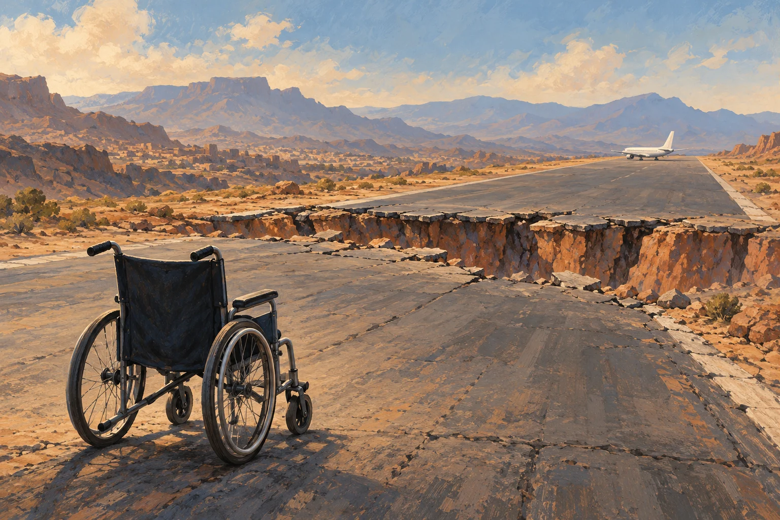 An empty wheelchair faces a deep break across a desert runway, with a passenger airplane on the far side and mountains in the distance.