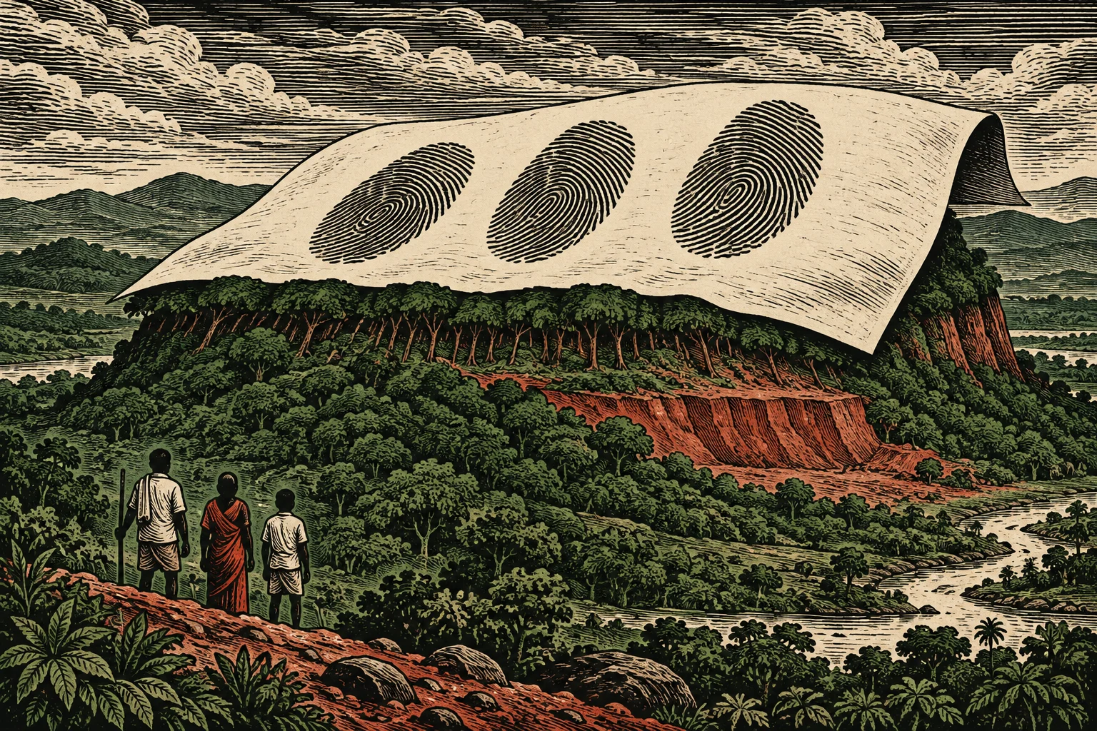 Three people overlook a lush river valley where an enormous sheet bearing three fingerprints drapes over a forested plateau, rendered in a vintage woodcut style.
