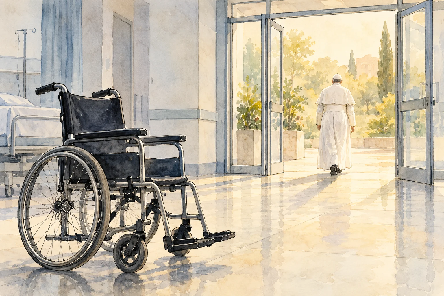 A watercolor shows an empty wheelchair in a hospital room as a white-robed religious figure walks through open glass doors into a sunlit garden.
