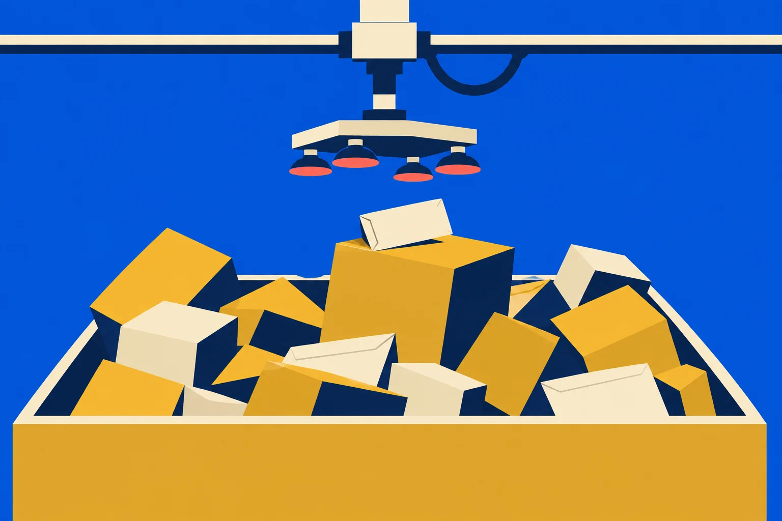 A robotic suction gripper hangs above a bin filled with yellow and cream boxes and envelopes against a blue background.