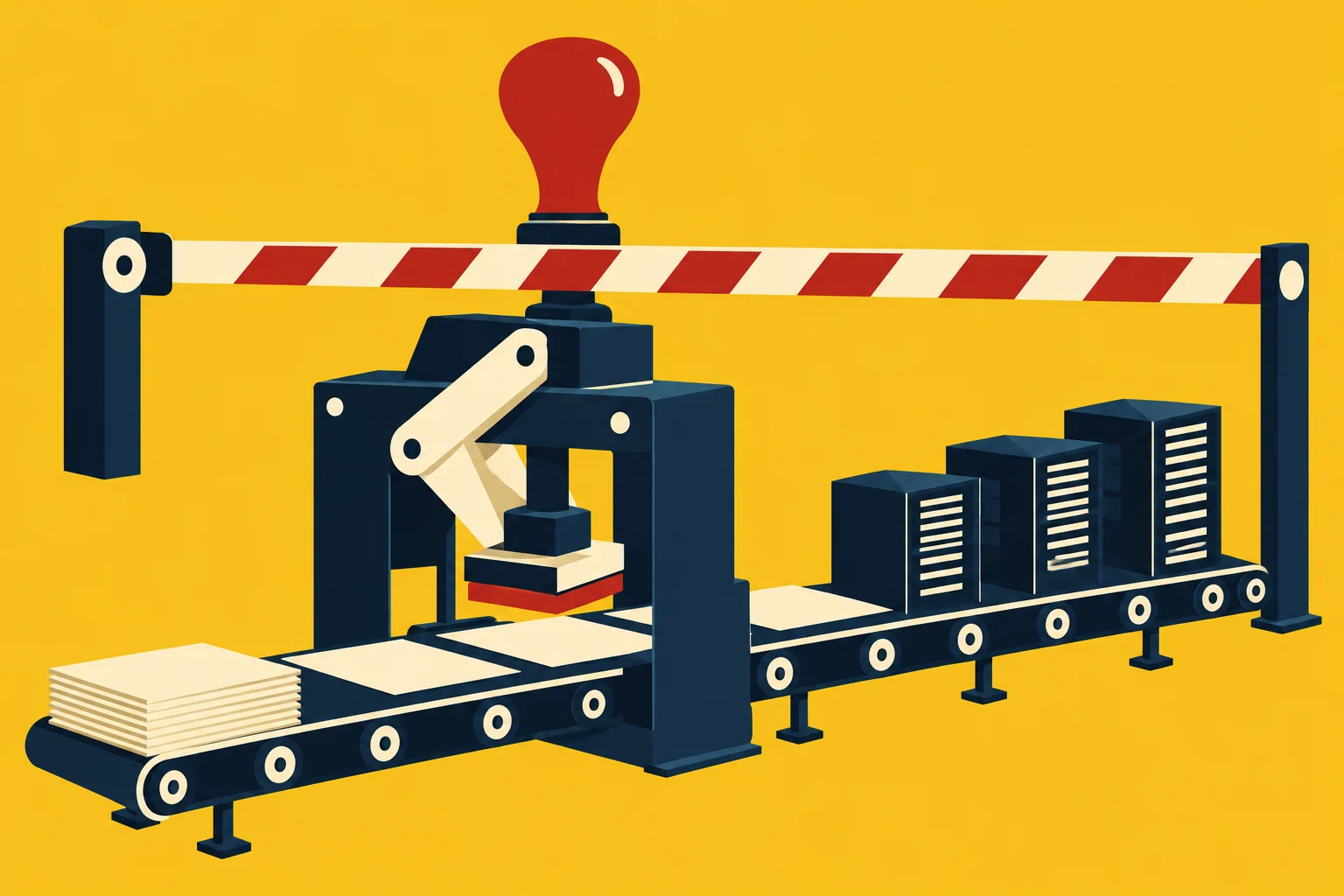 A stylized factory conveyor carries paper sheets through a stamping press toward three server towers, beneath a red-and-white barrier on a yellow background.