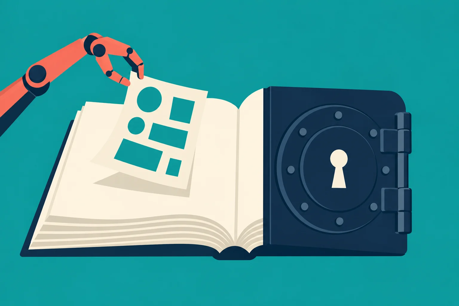 A robotic arm lifts a sheet with geometric cutouts from an open book whose right side is a vault door with a keyhole.