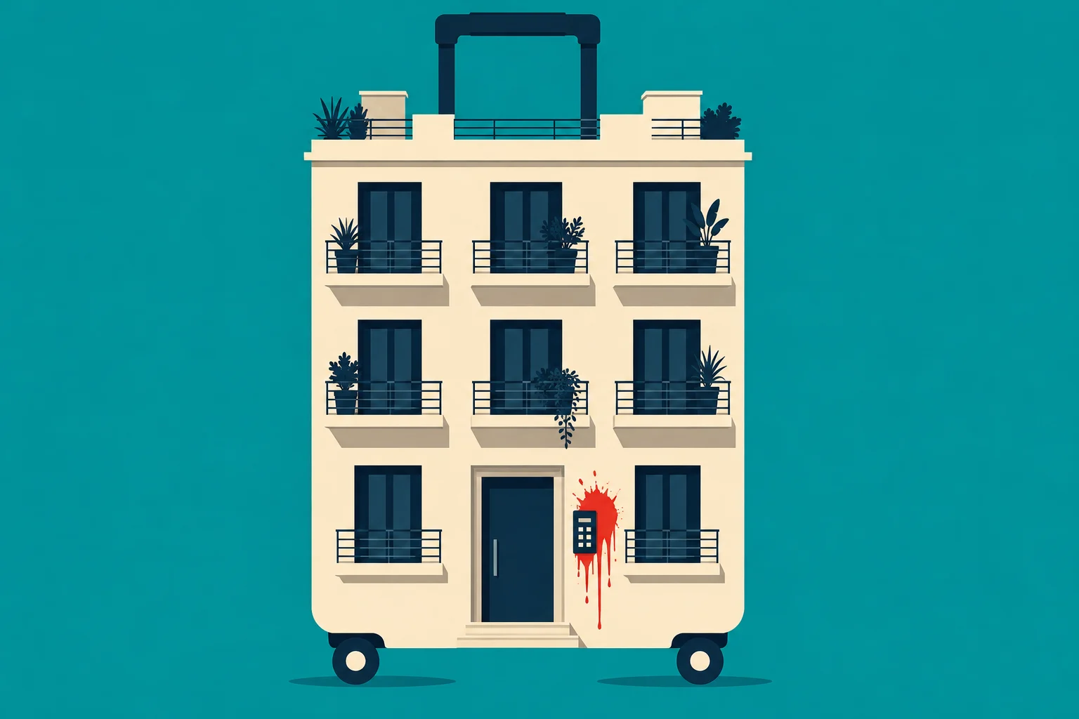 A cream apartment building shaped like a wheeled suitcase has balconies with plants, a telescoping handle, and red paint splattered beside its entrance intercom.