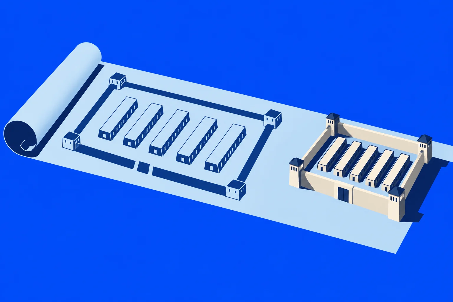 An unrolled blueprint displays rows of barracks beside a three-dimensional walled compound with corner watchtowers against a bright blue background.