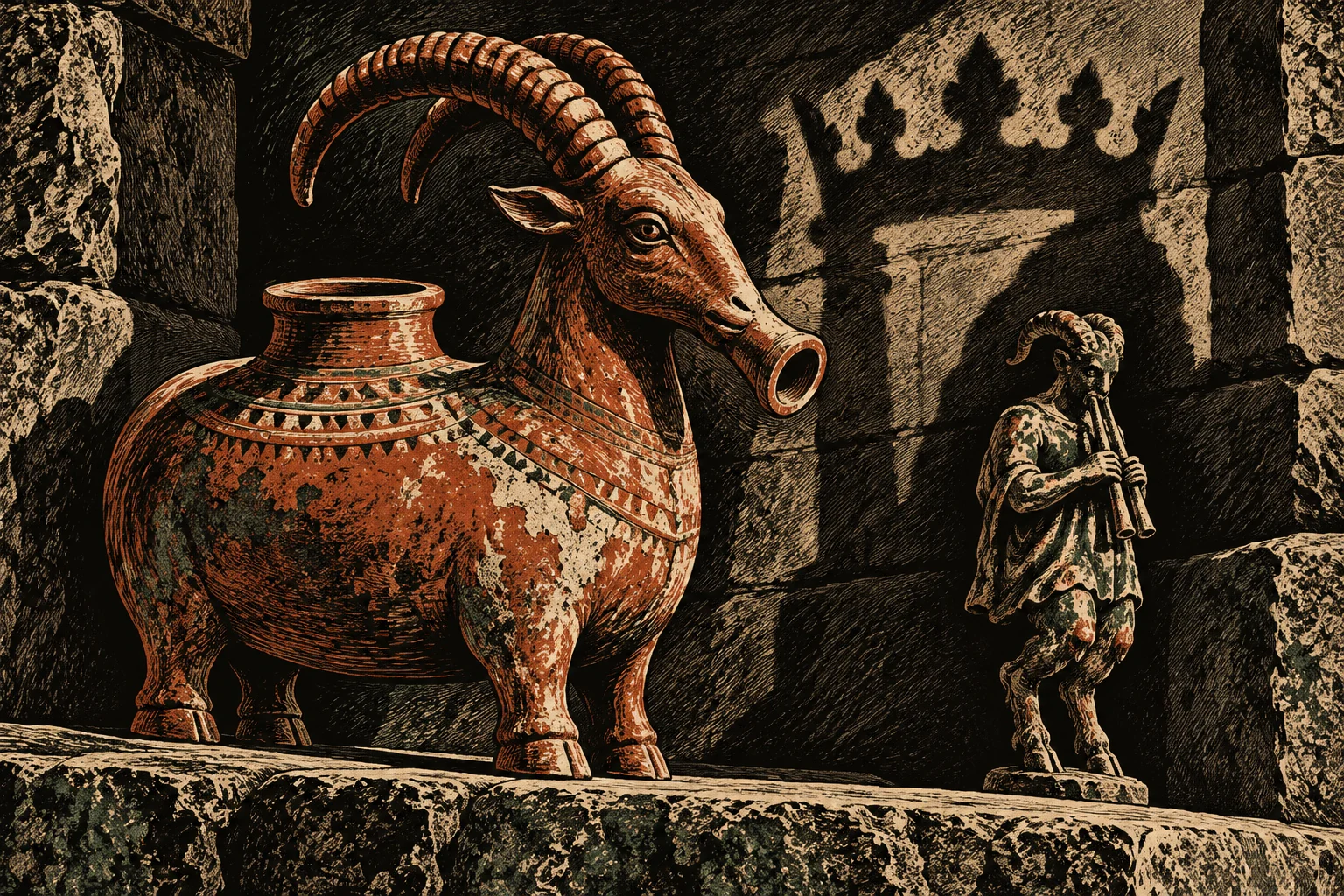 A weathered terracotta goat-shaped vessel with curved horns stands beside a small horned figure playing pipes against a rough stone wall.