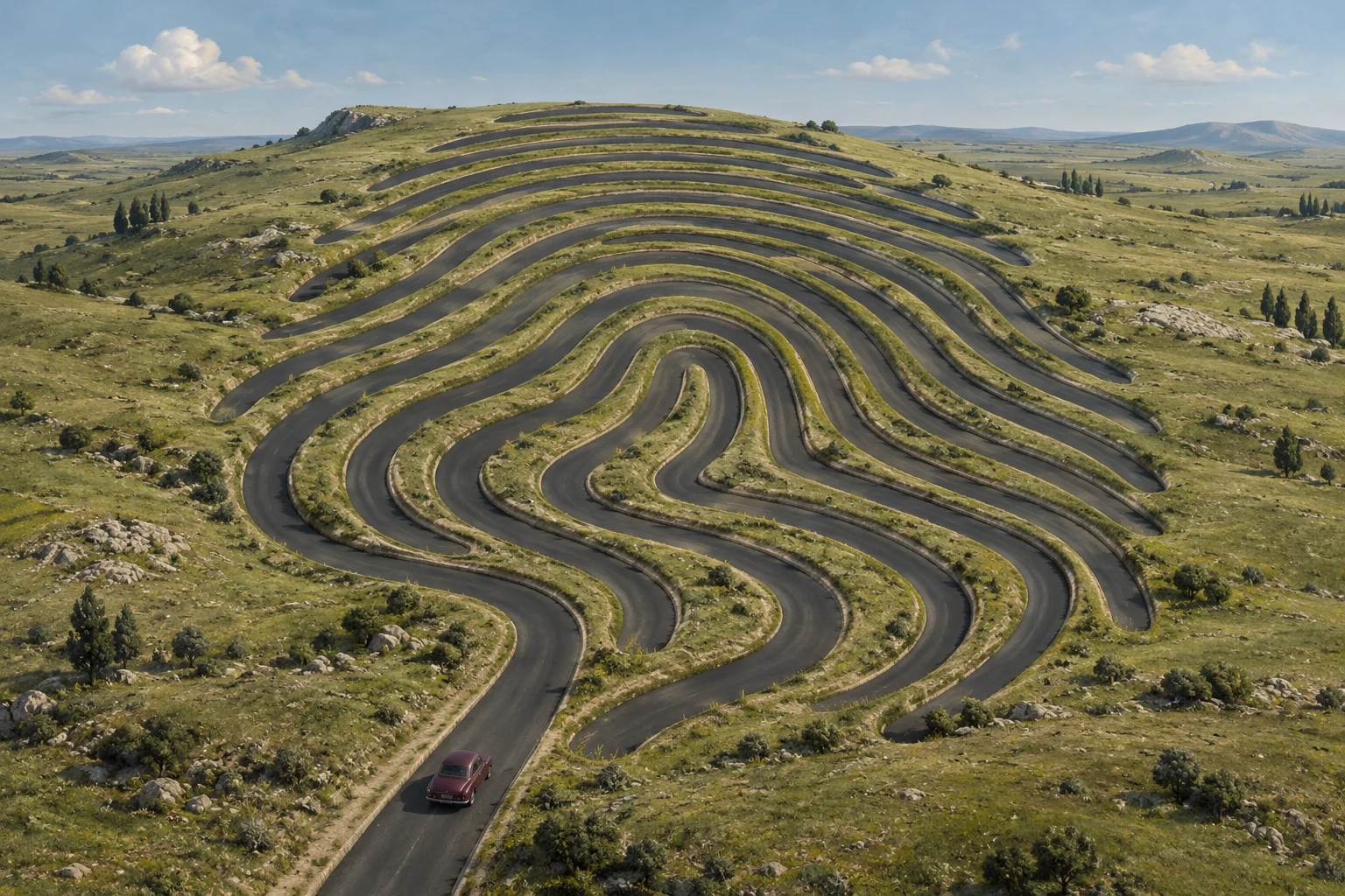 A winding asphalt road forms fingerprint-like loops across a grassy, rocky hillside, with a maroon car in the foreground beneath a partly cloudy sky.