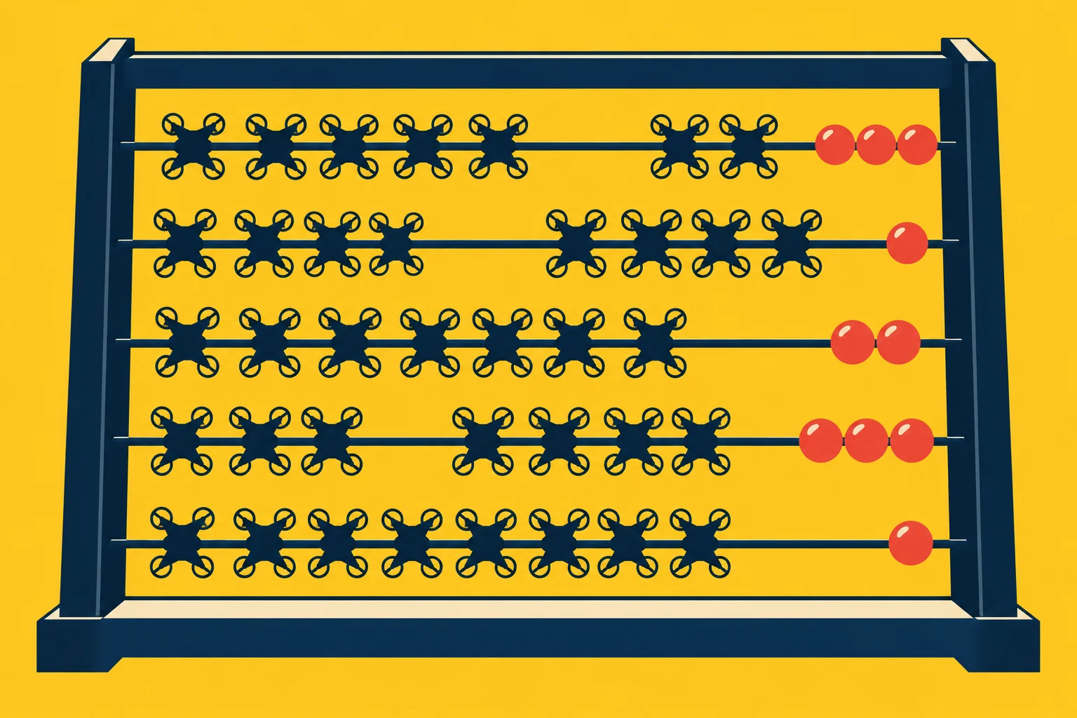 A navy abacus on a yellow background has five horizontal rods holding dark drone-shaped counters and red beads.