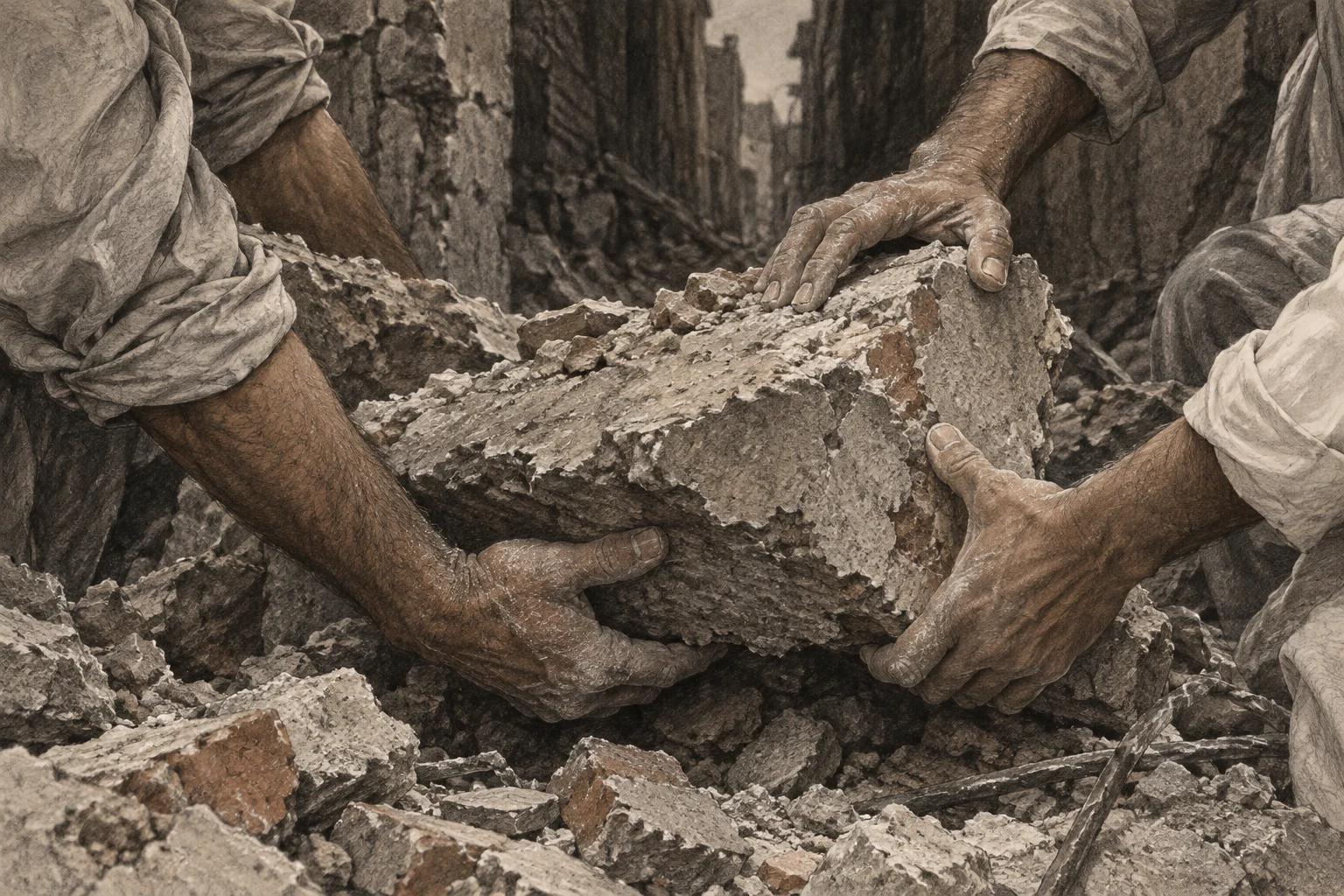 Dust-covered hands lift a large broken masonry block amid rubble in a narrow, damaged street.