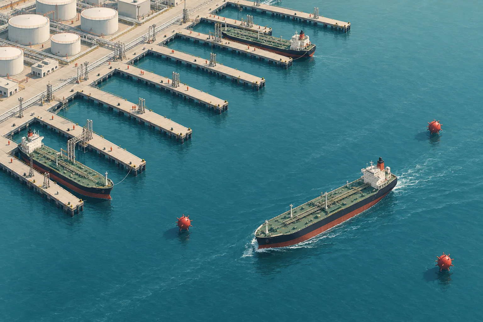 Three oil tankers occupy a terminal with storage tanks and piers, while three red floating mines surround the tanker sailing through turquoise water.