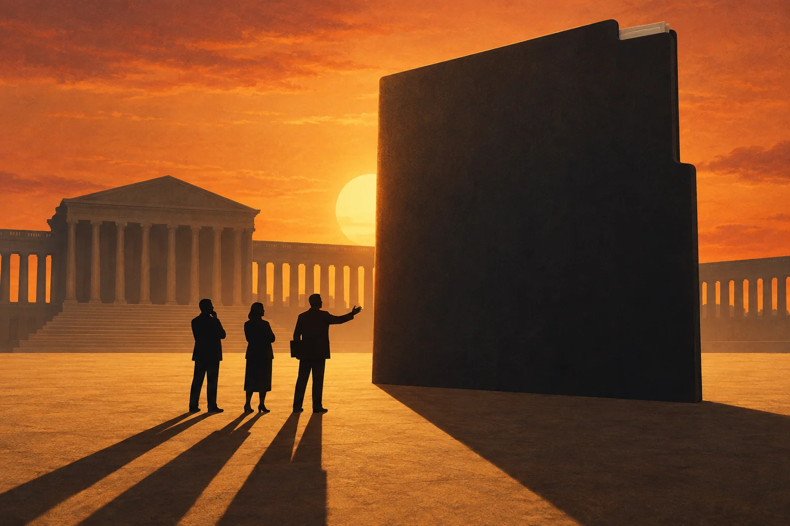 Three silhouetted people stand before a giant dark file folder in a classical courtyard at orange sunset, casting long shadows.