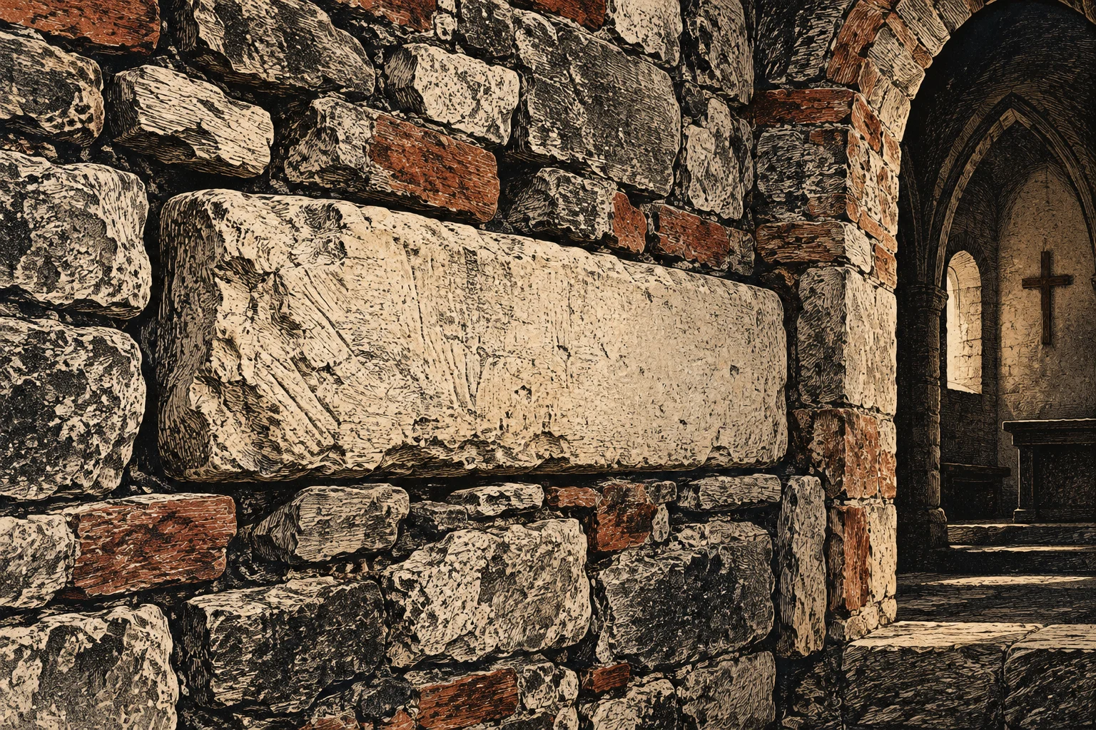 A textured stone wall with a large pale rectangular slab stands beside an arched church doorway, revealing stone steps and a cross inside.