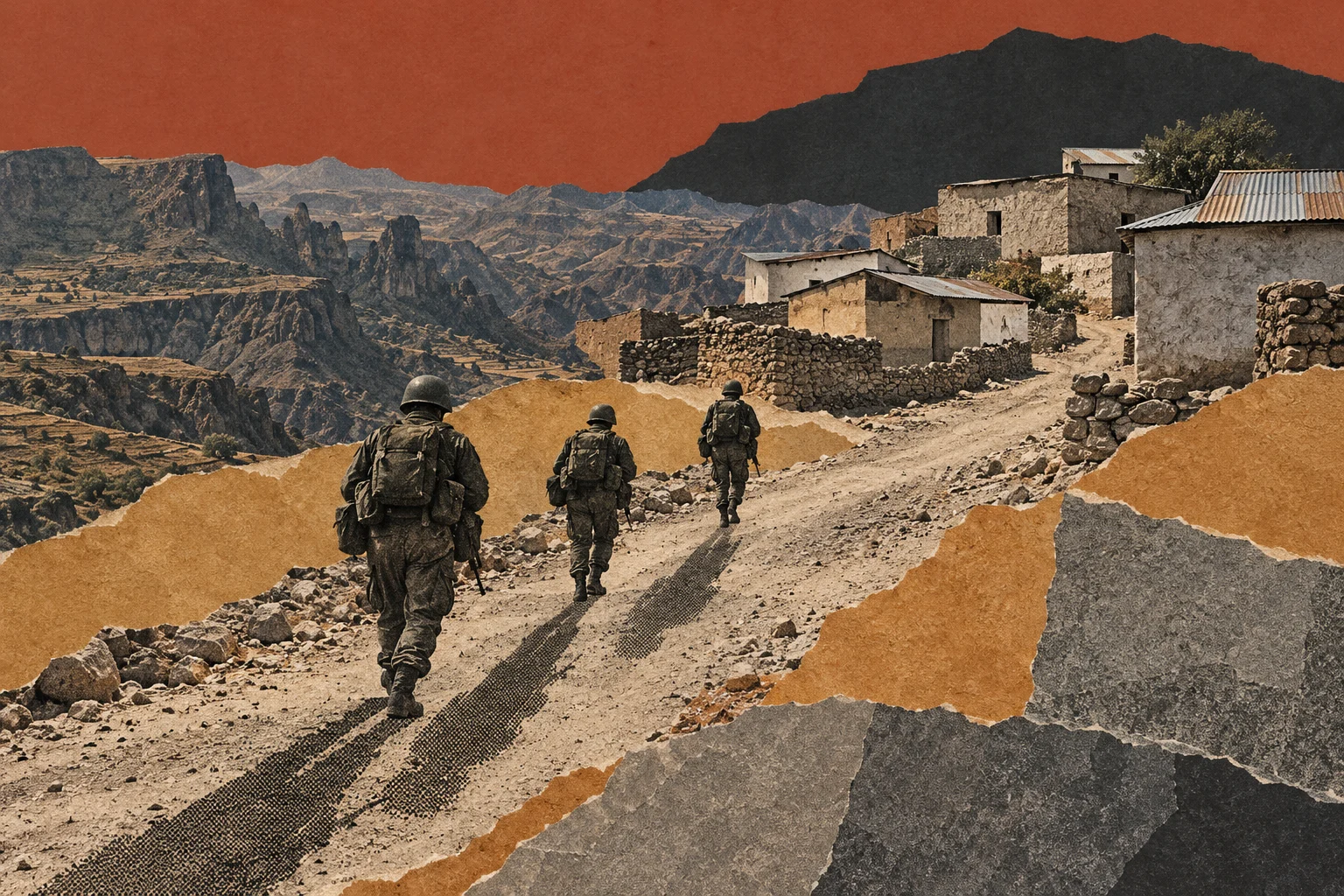 Three soldiers walk uphill toward stone village houses in a rugged mountain landscape, depicted as a textured collage with torn ochre paper and a rust-red sky.