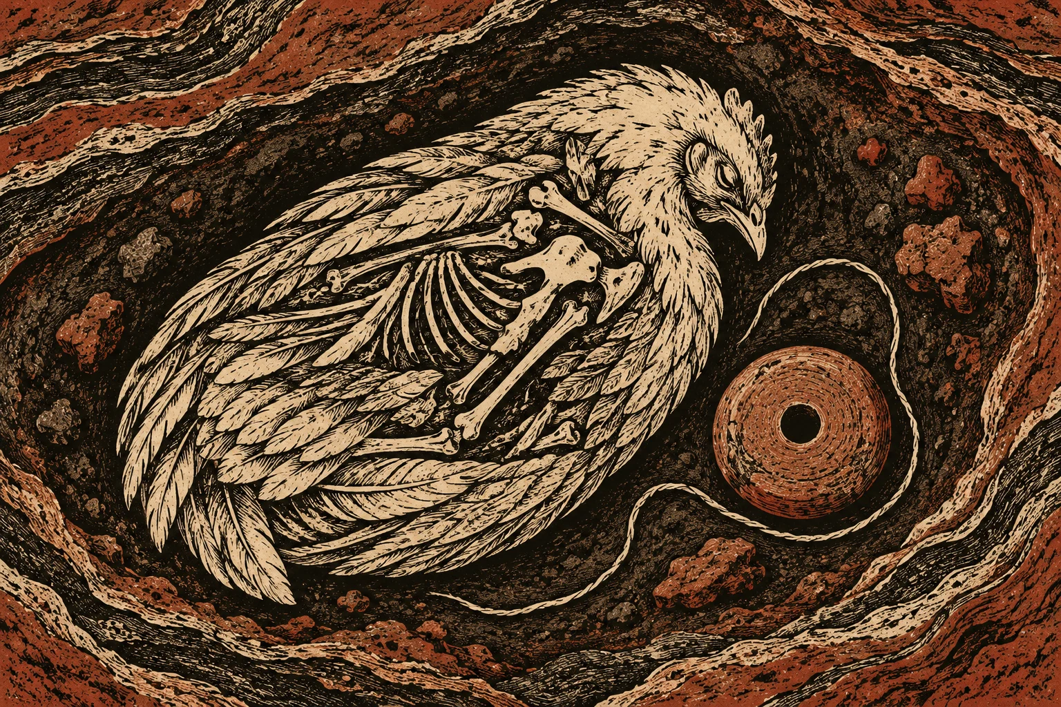 A woodcut-style illustration shows a curled, partially skeletal bird buried in dark, layered earth beside a rust-colored spool with a trailing cord.