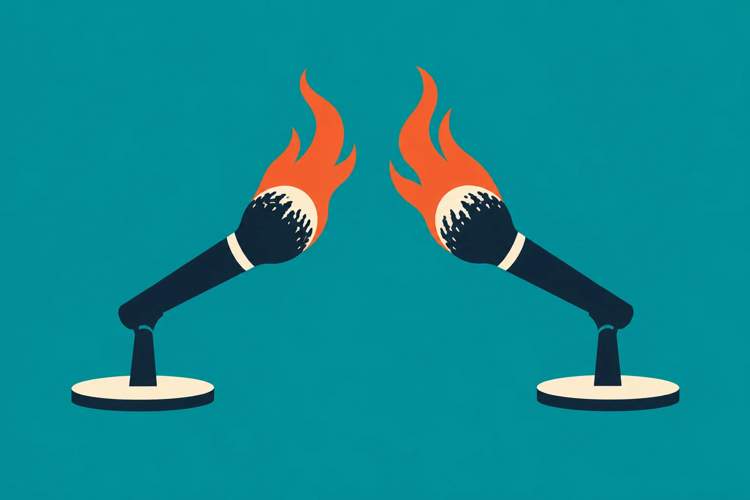 Two dark microphones on stands face each other, with orange flames rising from their heads against a teal background.