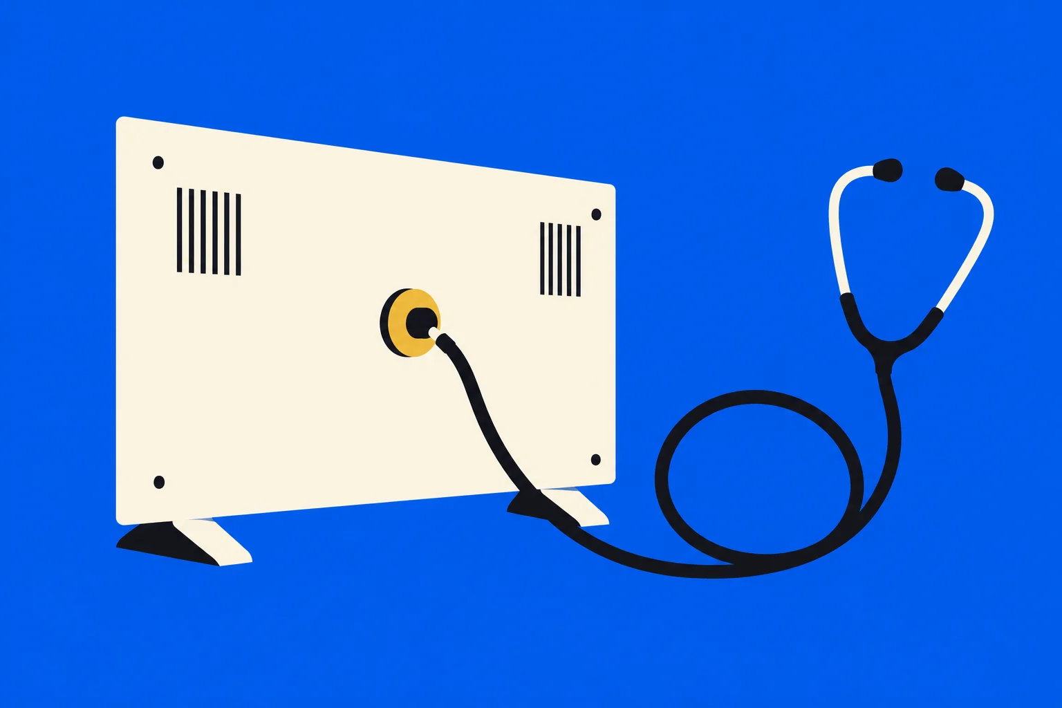 A cream-colored monitor viewed from behind has a stethoscope plugged into its back, with black tubing looping across a bright blue background.