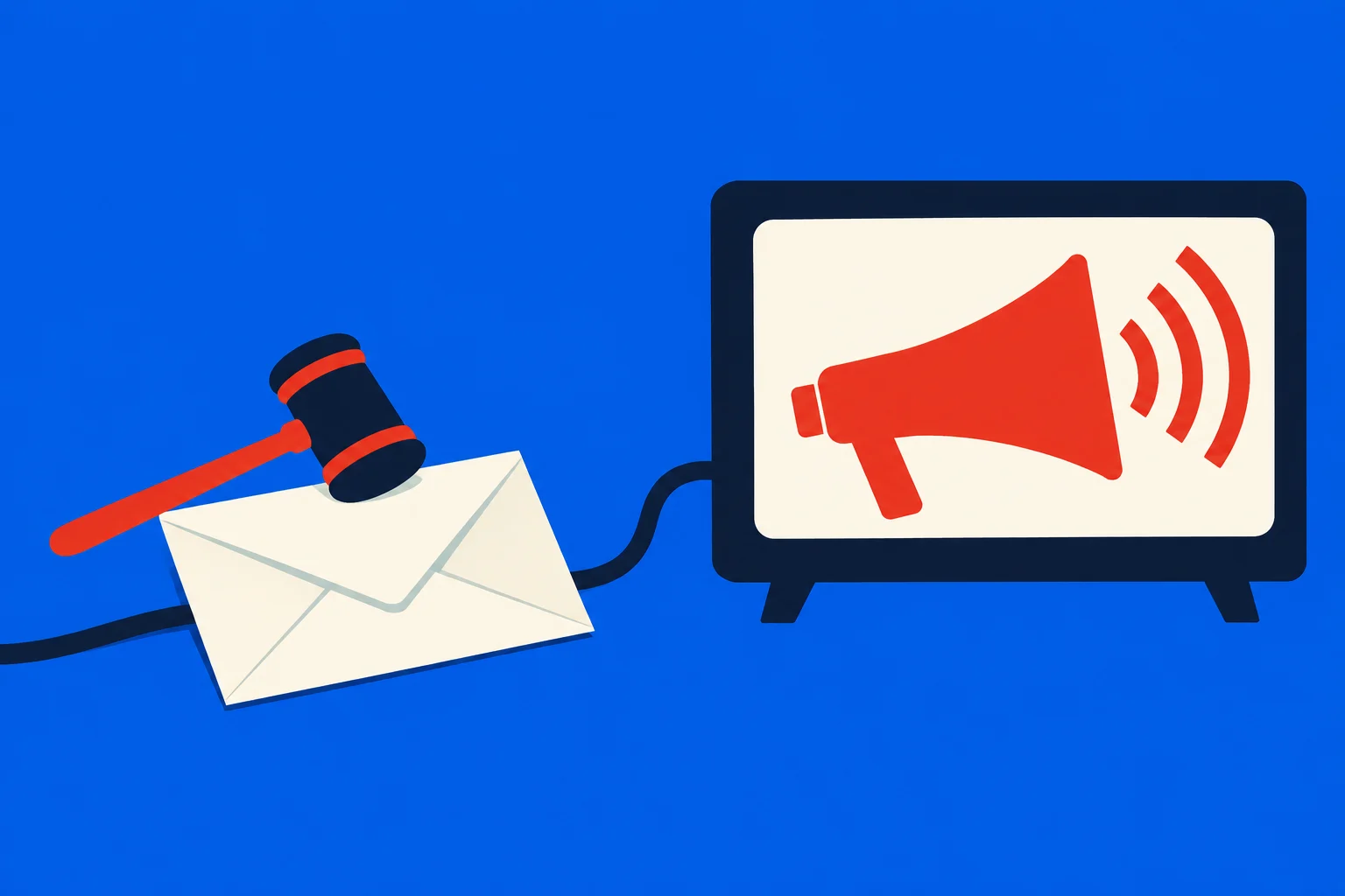 A gavel rests on an envelope connected by a dark cable to a screen displaying a red megaphone against a blue background.