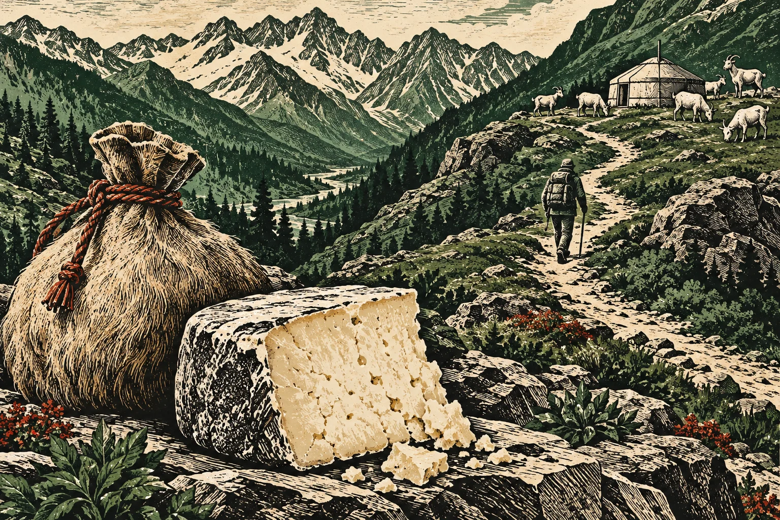 A rustic cheese wheel and tied sack sit on rocks overlooking an alpine valley, while a hiker approaches goats and a tent beneath snowy mountains.