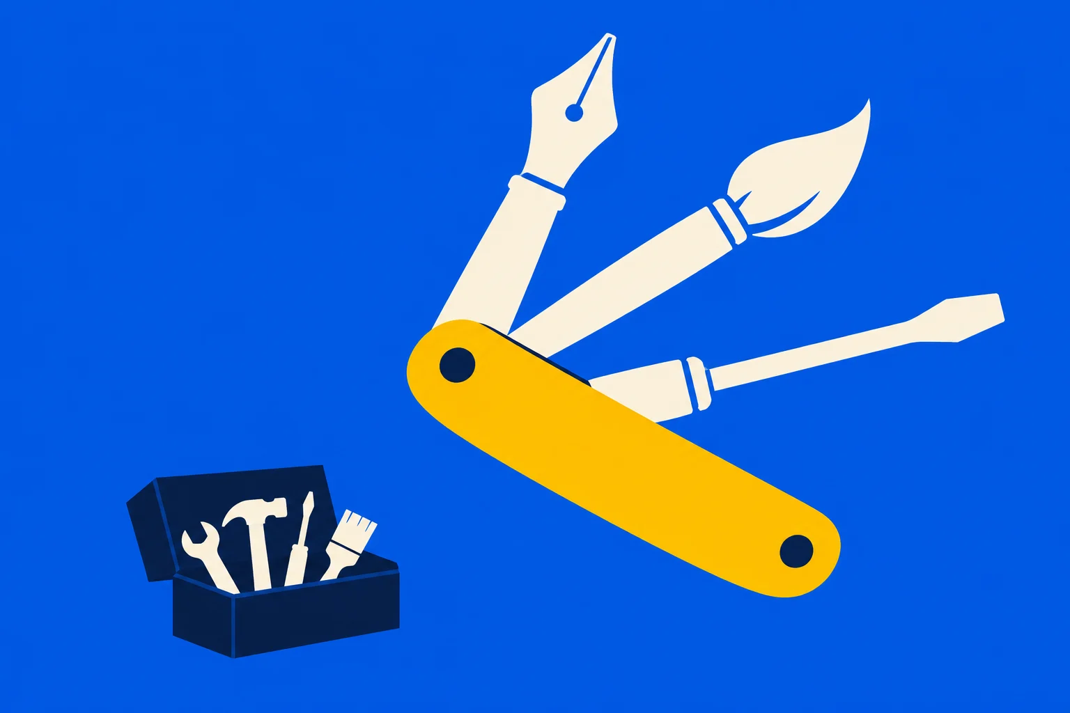 A yellow folding multitool with pen nib, paintbrush, and screwdriver attachments floats above a small navy toolbox against a bright blue background.