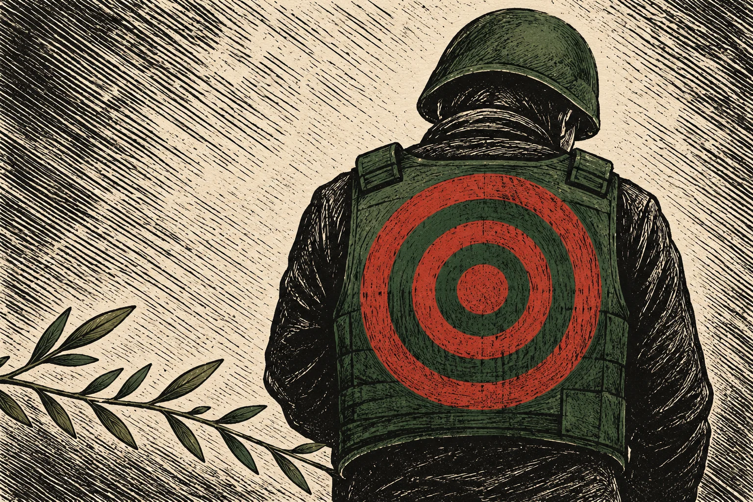 A woodcut-style illustration shows a soldier from behind wearing a green helmet and vest marked with a red bullseye, beside an olive branch.