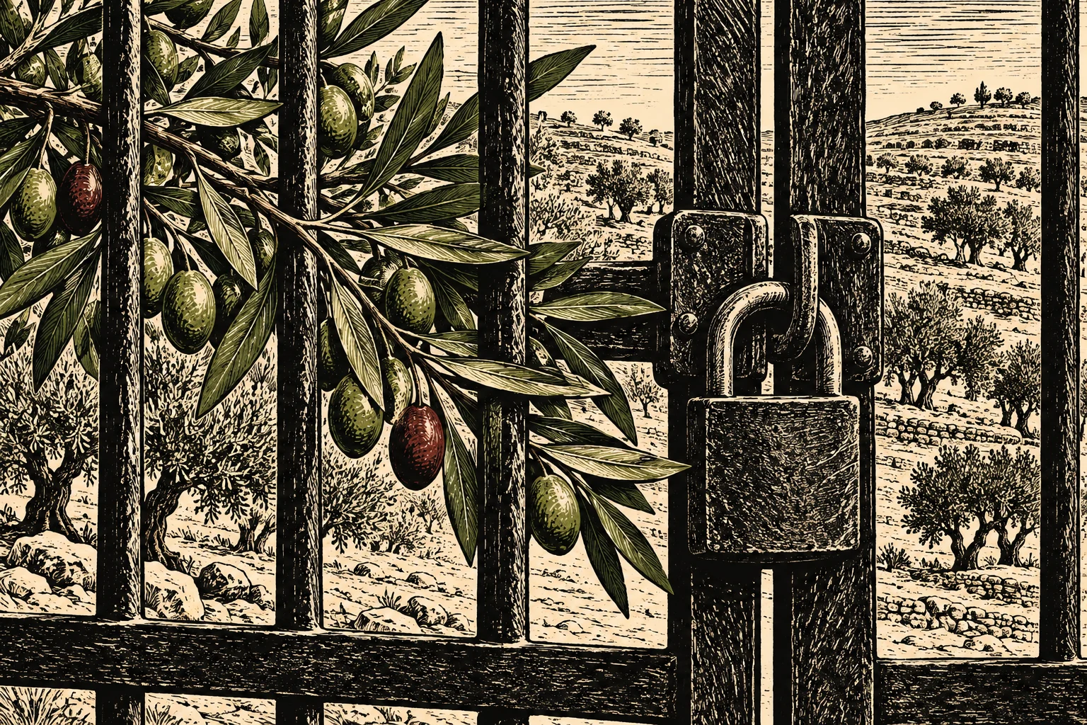 A woodcut-style illustration shows an olive branch crossing a locked iron gate, with terraced olive groves stretching across hills beyond.