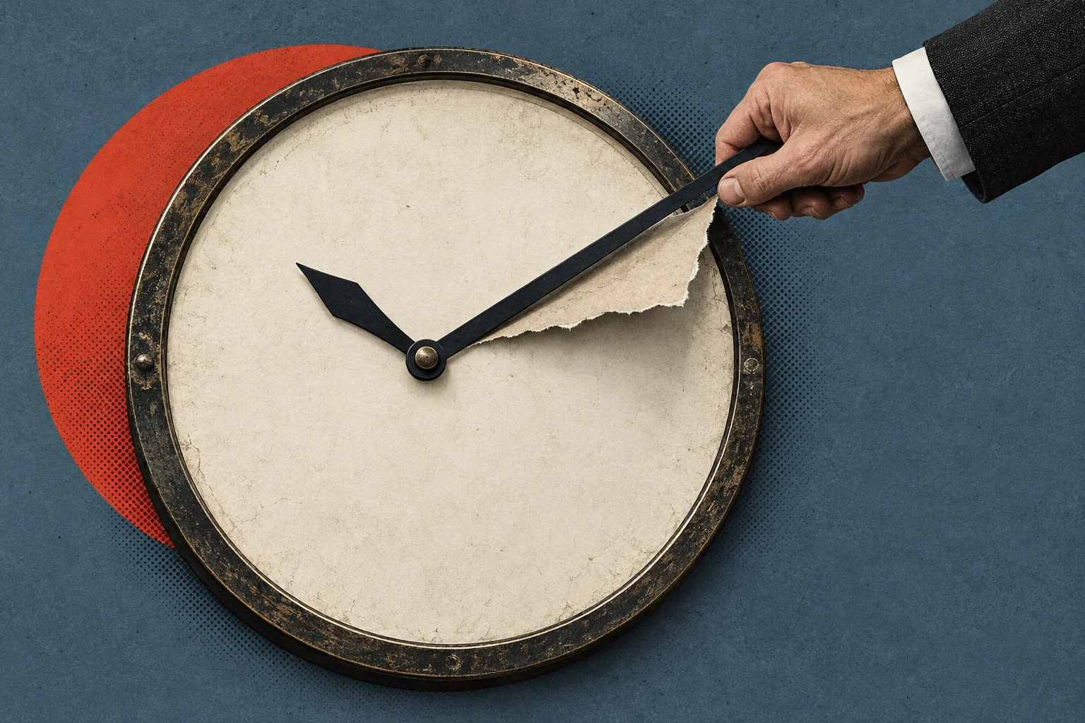 A suited hand pulls a clock’s long hand upward, tearing its blank, aged face against a textured blue background with an orange circle.