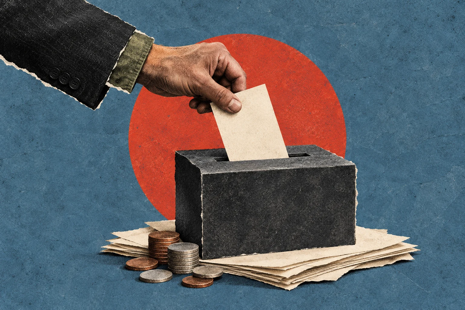 A hand inserts a blank ballot into a black ballot box resting on papers beside coins, against a textured blue background with an orange circle.