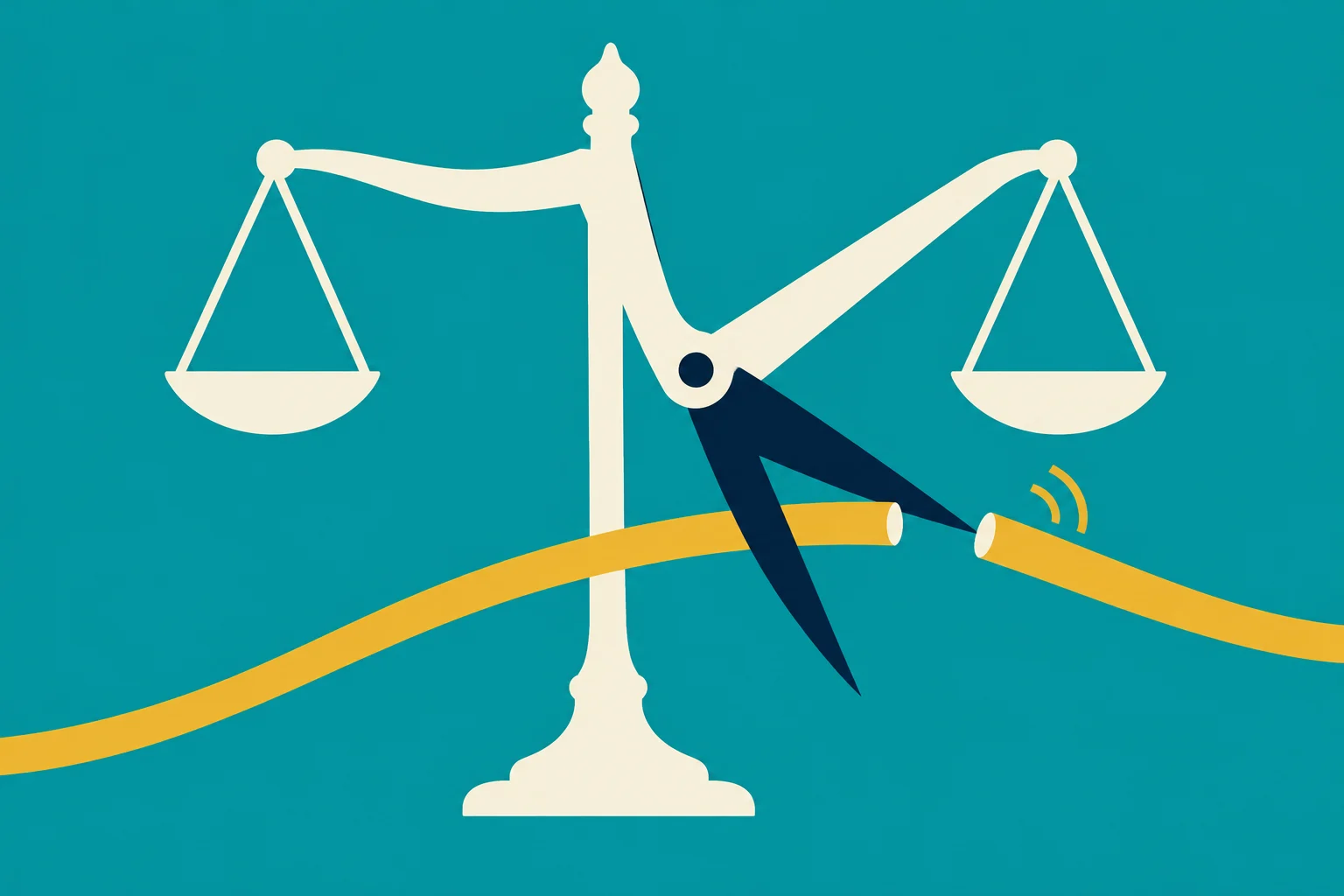 Cream balance scales stand against a teal background, with dark blue scissors cutting a curved yellow ribbon across the foreground.