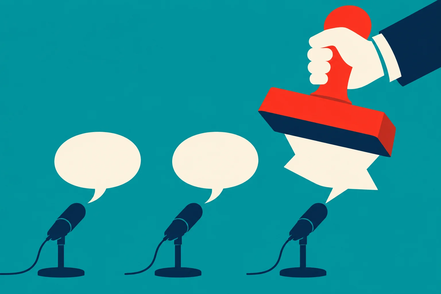 A hand presses a large red stamp onto one of three speech bubbles above microphones against a teal background.