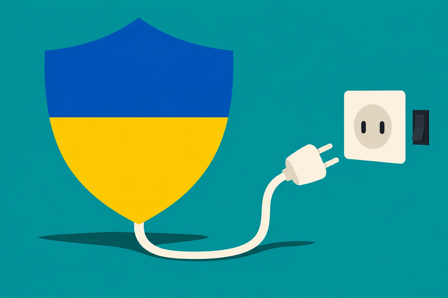 A blue and yellow shield connects by a cream power cord to an unplugged plug near a wall socket and black switch on a teal background.