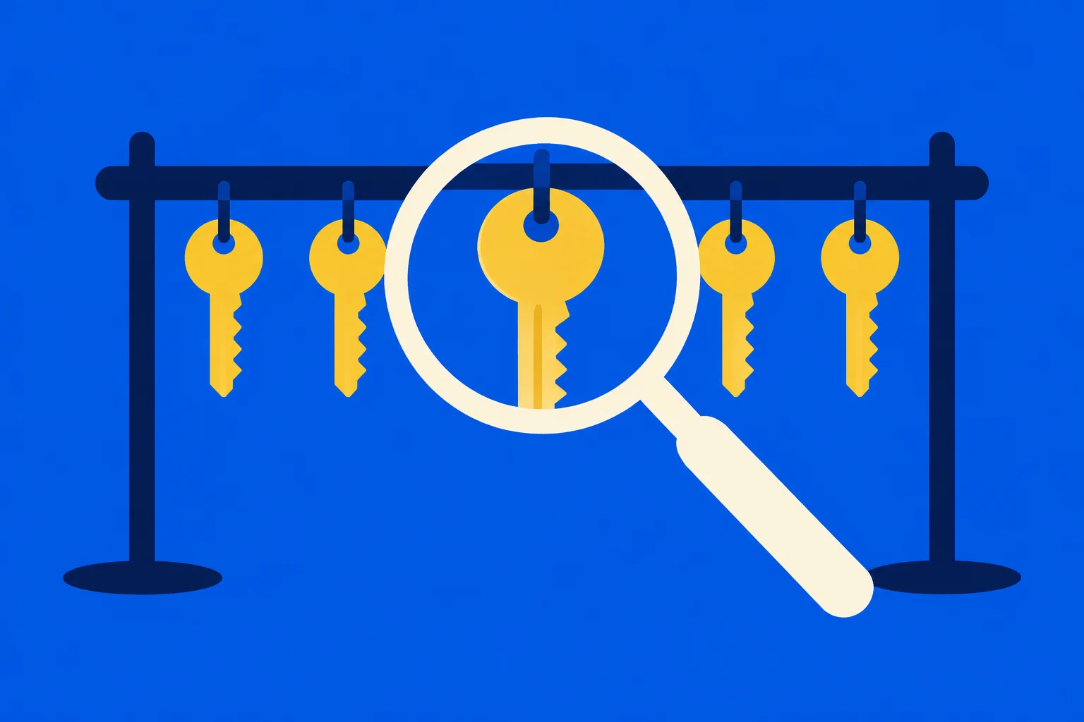 A magnifying glass highlights the middle of five gold keys hanging from a dark blue rack against a bright blue background.