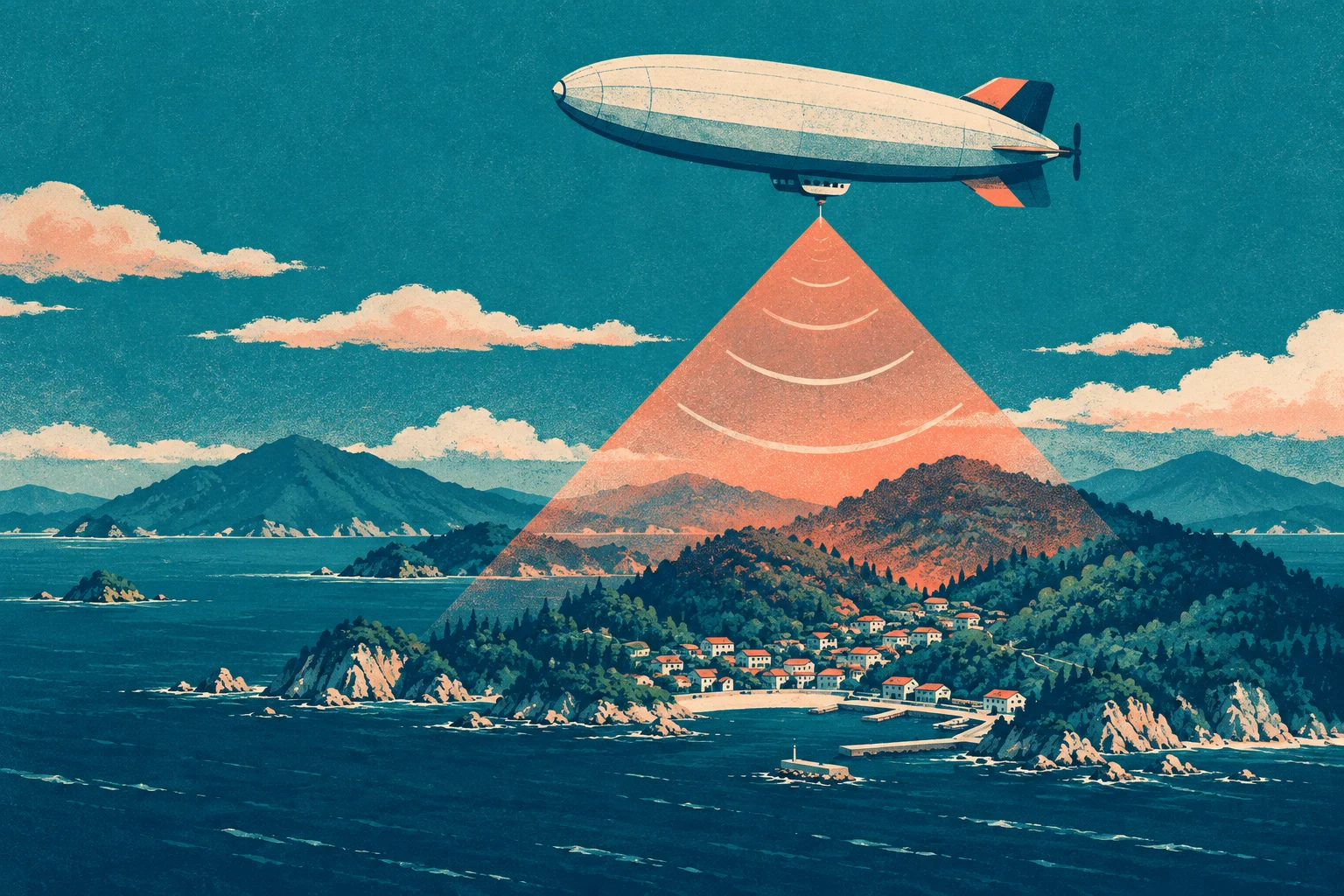 A vintage-style airship casts an orange scanning beam over a forested coastal village, with mountains, islands, and clouds beyond.