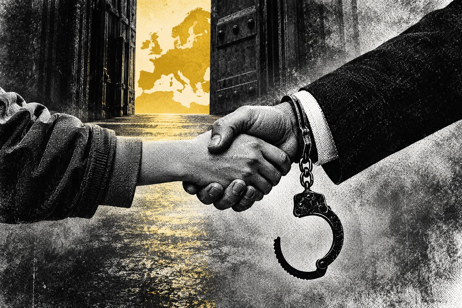 Two people shake hands, one wearing a dangling open handcuff, before open prison doors revealing a golden map of Europe.