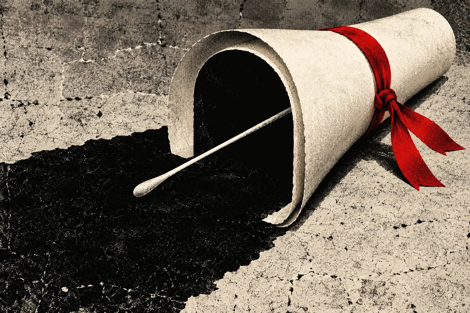 A rolled diploma tied with a red ribbon lies on cracked ground, its dark opening spilling an ink-like shadow crossed by a slender white rod.