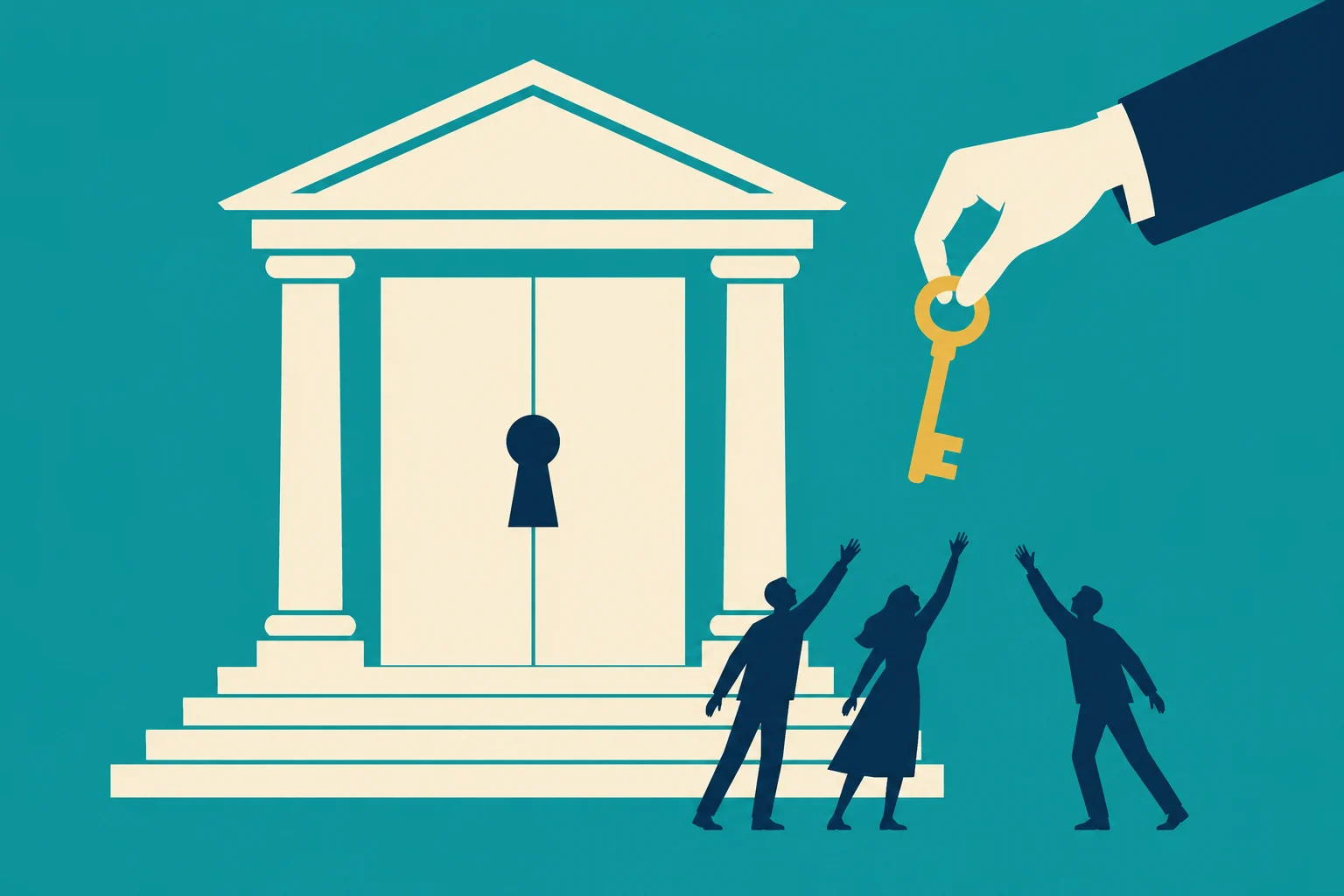 A large hand holds a golden key above three reaching people beside a locked, columned building on a teal background.